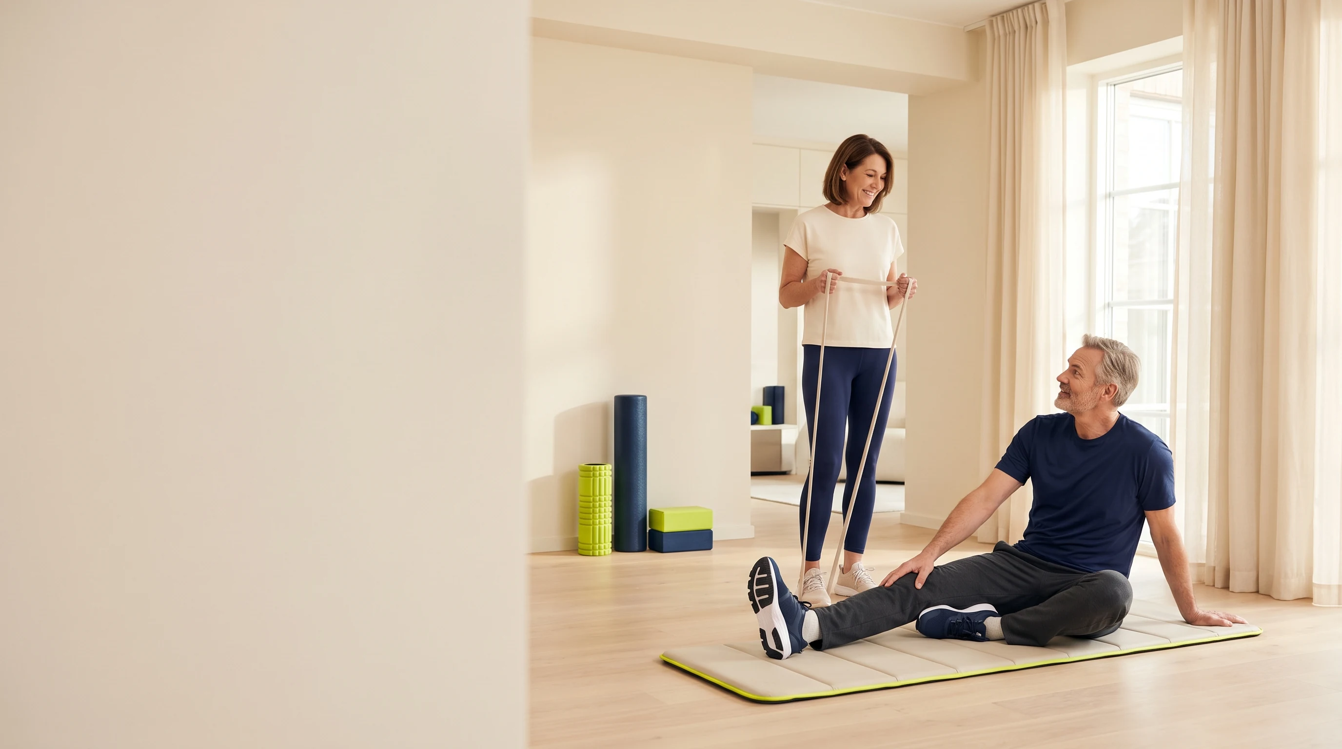 A woman using a resistance band beside a man preparing for mat exercises in a bright home workout space.