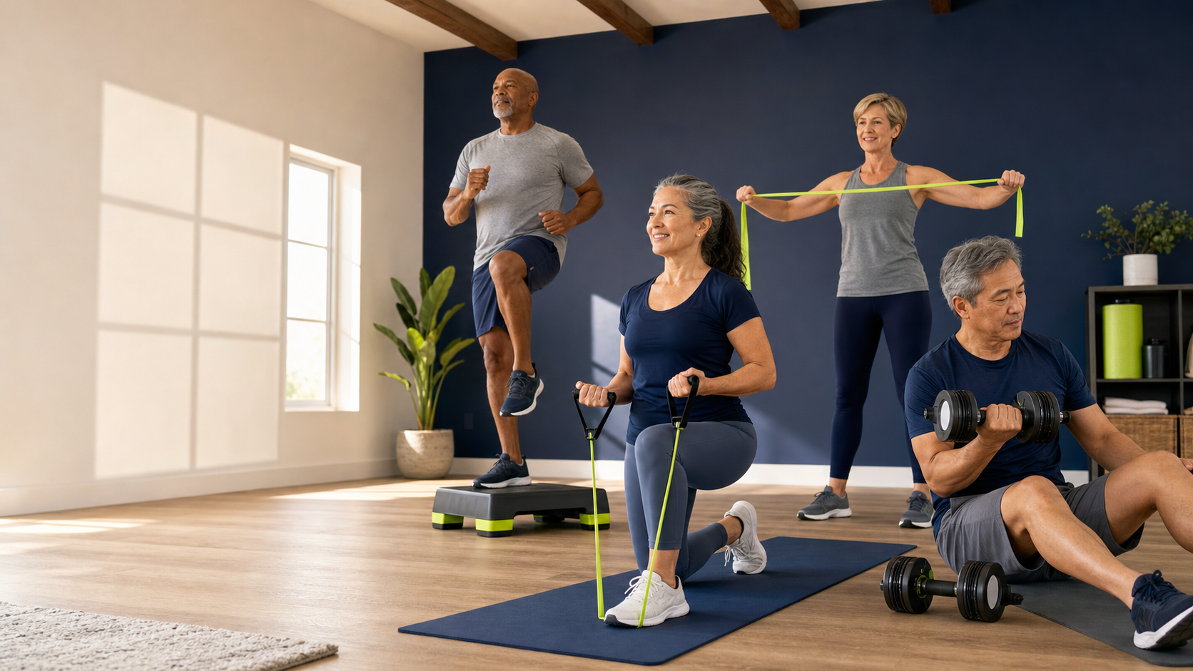 A woman using a resistance band while a man prepares for mobility exercises on a mat in a bright home workout space.