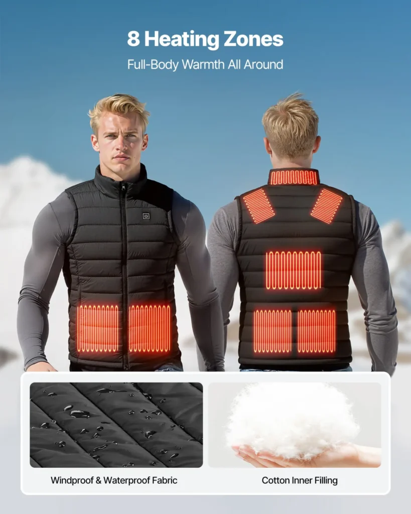 VEVOR Heated Vest, Men Electric Heating Vest with 16000 mAh Battery Pack, 8 Heating Zones Lightweight Rechargeable