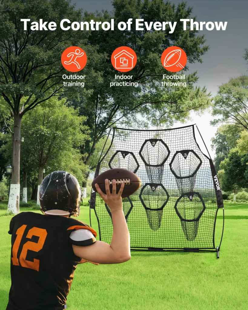 VEVOR 8 x 8 ft Football Trainer Throwing Net, Training Throwing Target Practice Net with 6 Target Pockets