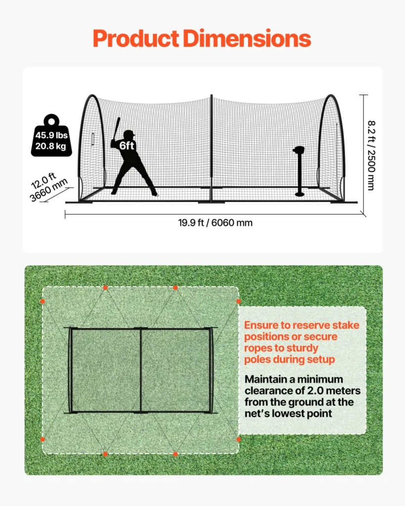 VEVOR Baseball Batting Cage, 19.9 x 12.0 x 8.2 FT Freestanding Portable Batting Cage, Hitting Cages with 30-Ply