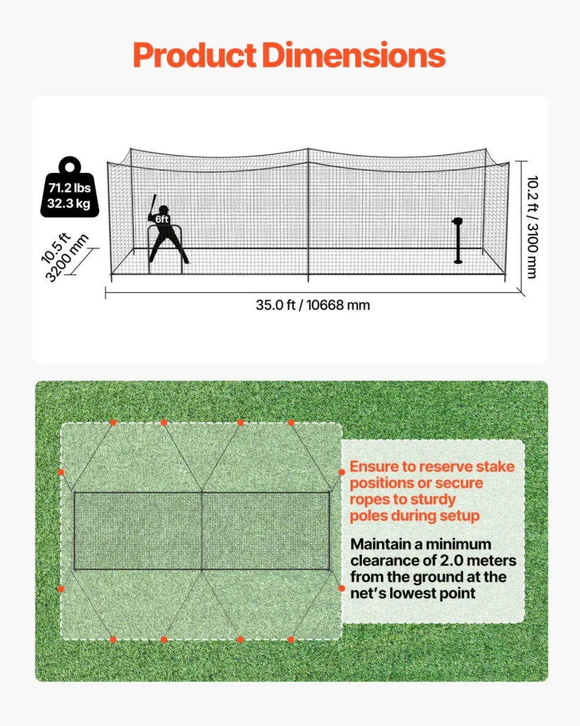 VEVOR Baseball Batting Cage, 35.0 x 10.5 x 10.2 FT Freestanding Portable Batting Cage, Hitting Cages with 45-Ply