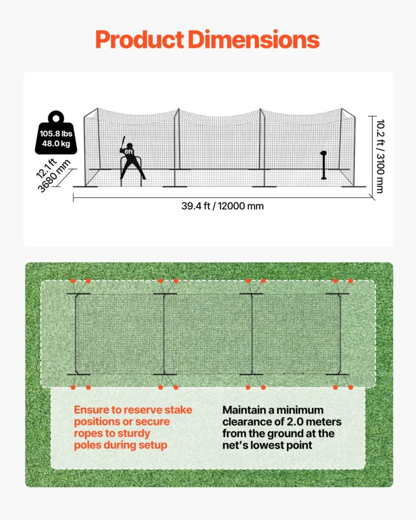 VEVOR Baseball Batting Cage, 39.4 x 12.1 x 10.2 FT Freestanding Portable Batting Cage, Hitting Cages with 45-Ply