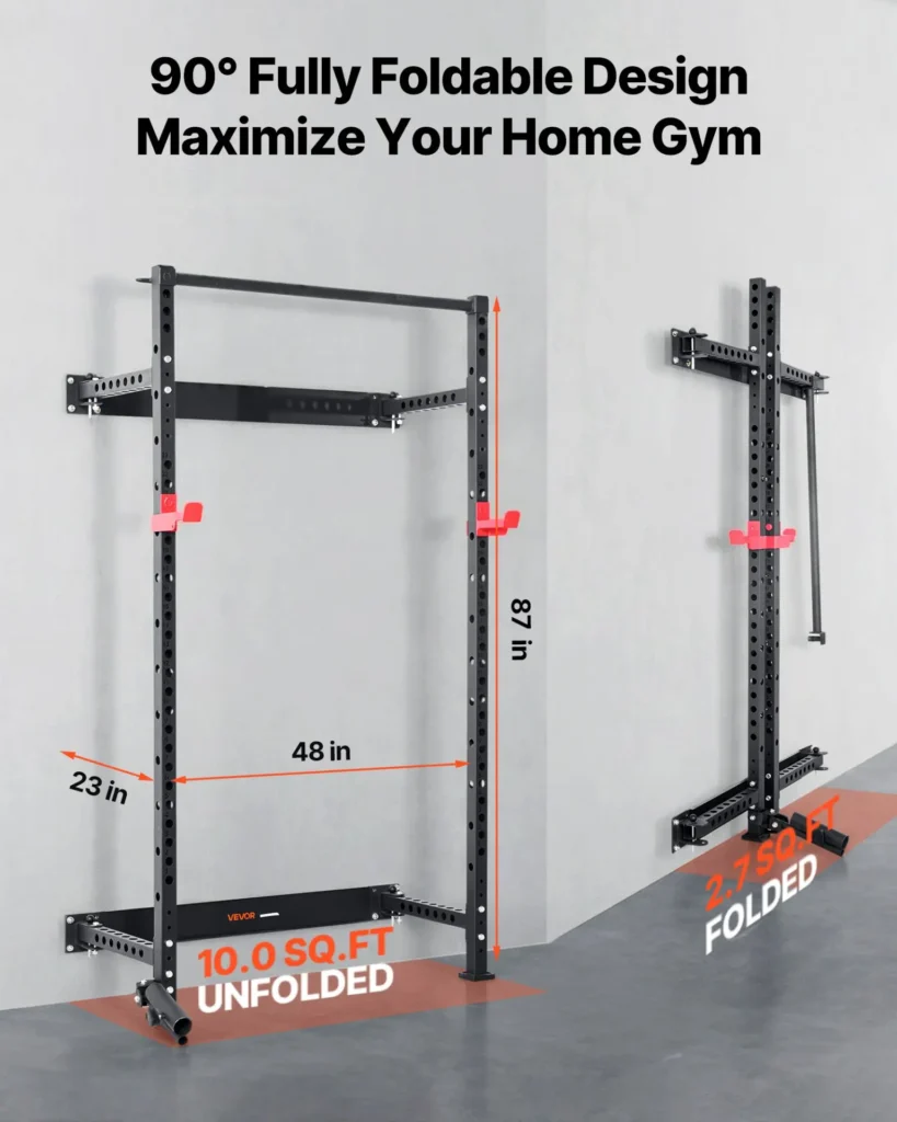 VEVOR Folding Power Cage, Wall-Mounted Power Rack Squat Rack, Multifunctional Strength Training Workout Equipment