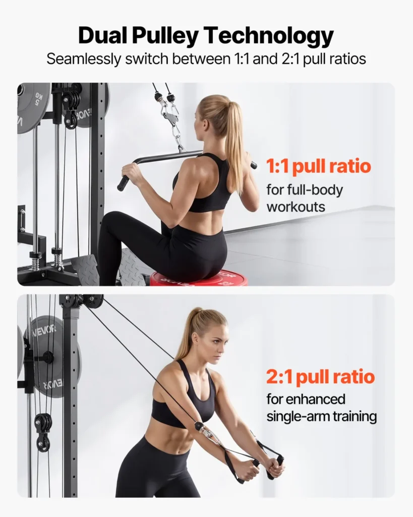 VEVOR LAT Pull Down Machine, 3-in-1 Row Cable Machine, Cable Machines Home Gym with 18-Level Height Adjustment