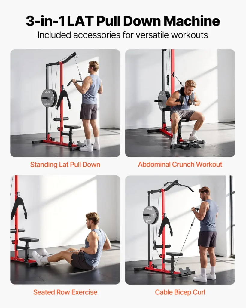 VEVOR LAT Pull Down Machine, 3-in-1 Row Cable Machine, Cable Machines Home Gym with 3-Level Adjustable Seat
