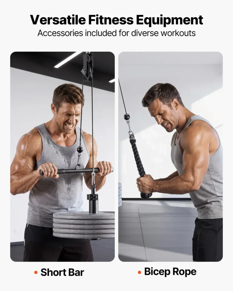 VEVOR Pulley System, 1 PC LAT and Lift Pulley System, Gym Rack Pulleys Attachment with two Steel Cables, Short
