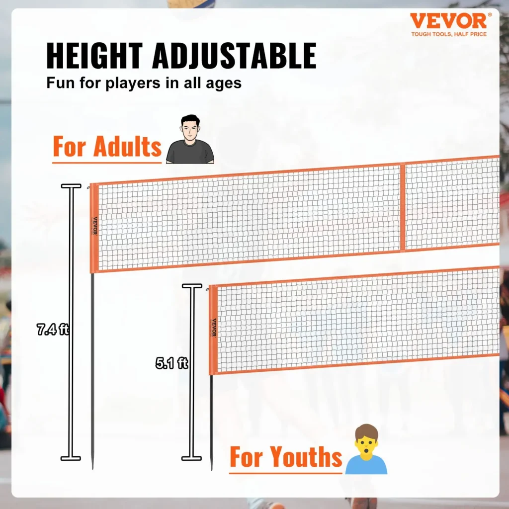 VEVOR 4-Way Volleyball Net, Adjustable Height Badminton Net Set for Backyard Beach Lawn, Outdoor Portable