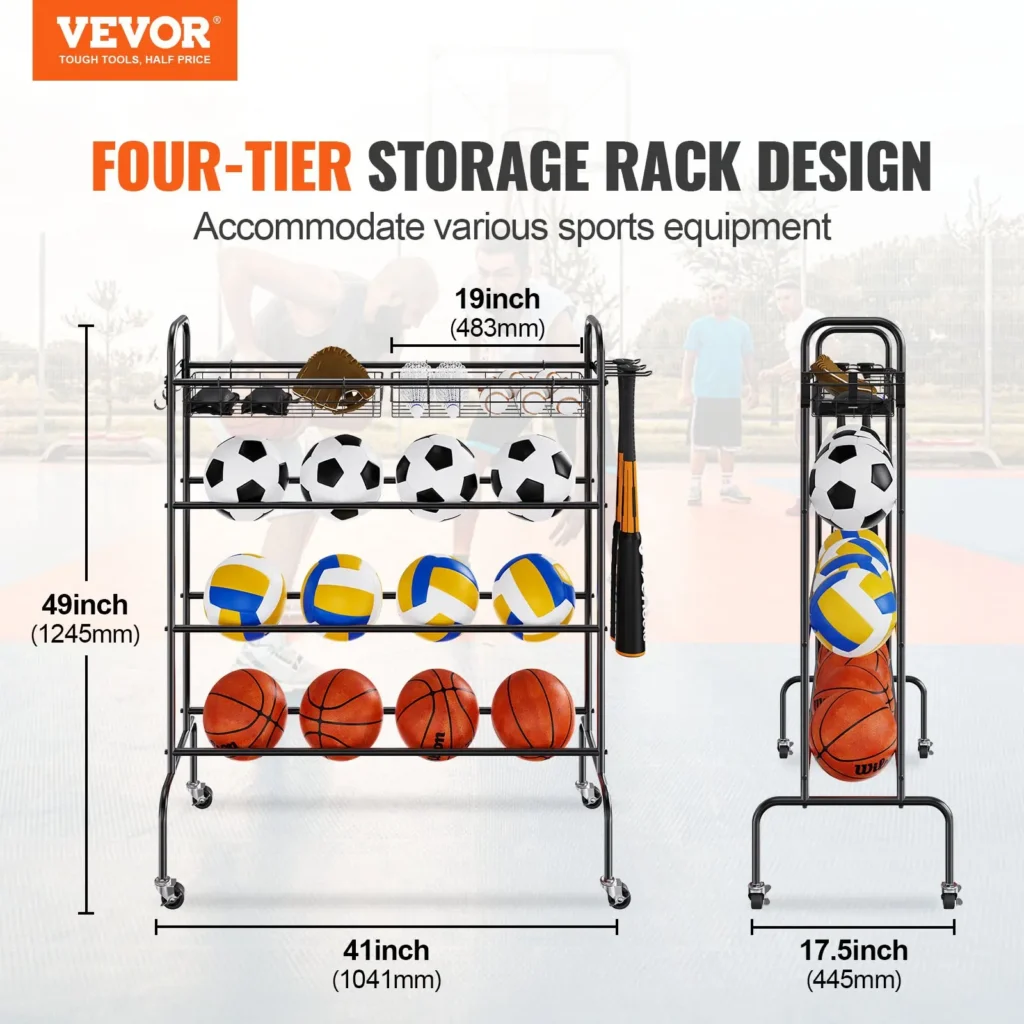 VEVOR Basketball Rack, 4-Layers Rolling Basketball Shooting Training Stand, Sports Equipment Storage Organizer