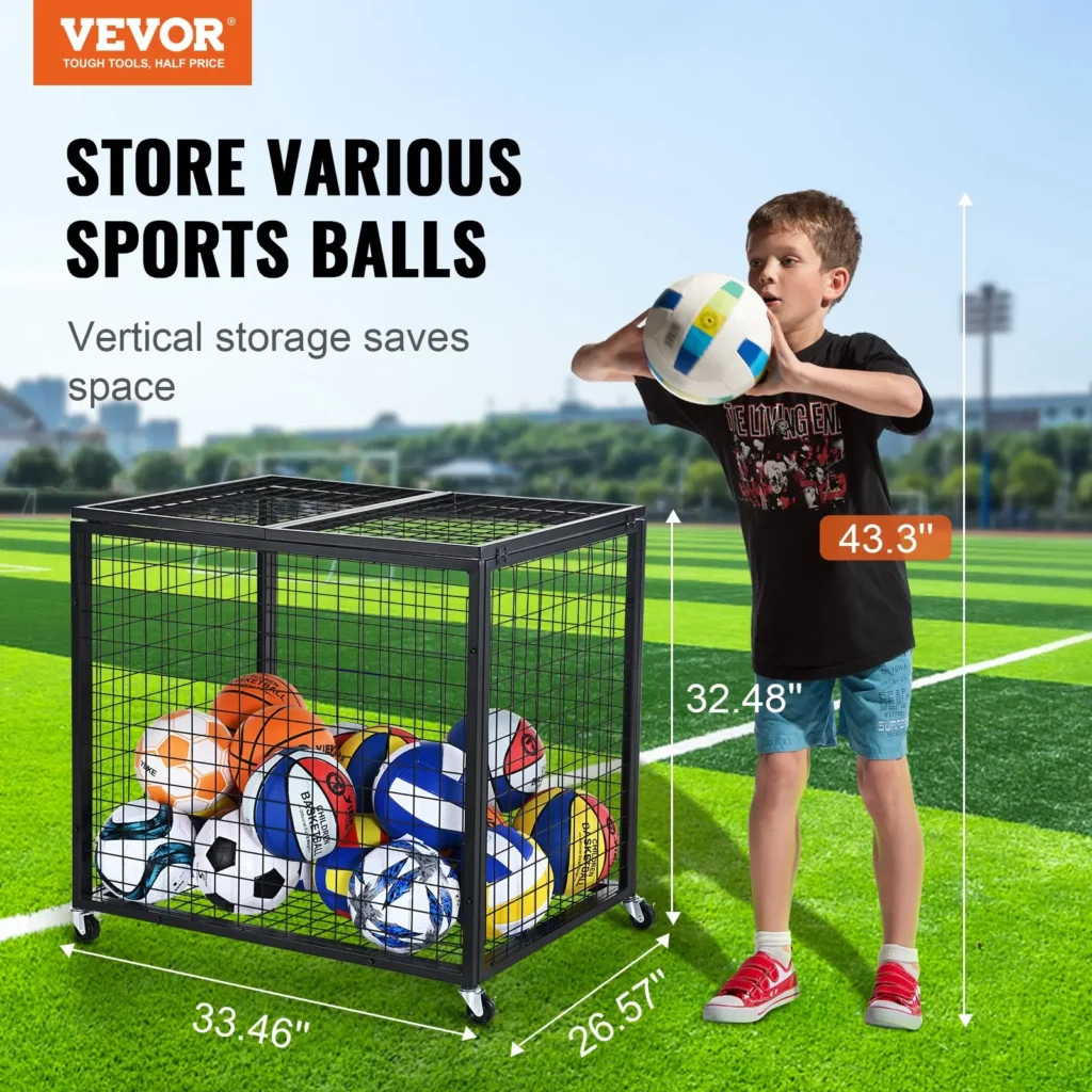 VEVOR Rolling Sports Ball Storage Cart, Basketball Cage with Double Lids, Sport Equipment Holder Organizer for