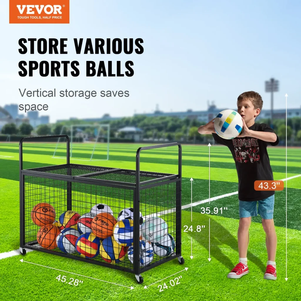 VEVOR Rolling Sports Ball Storage Cart, Lockable Basketball Cage with Double Lids, Sport Equipment Holder