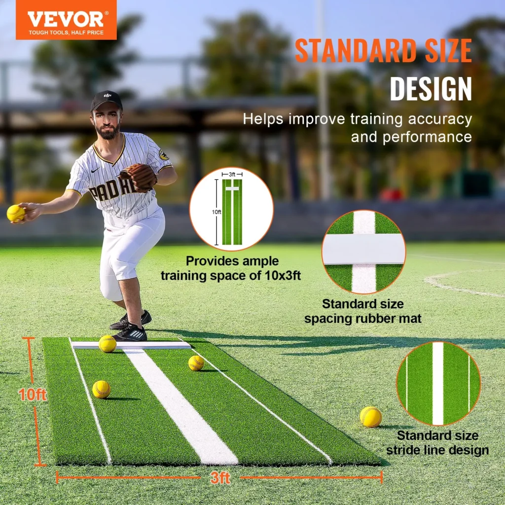 VEVOR Softball Pitching Mat, 10x3 ft Baseball Pitching Rubber Mound, Antifade Turf and Antislip Foam Backing