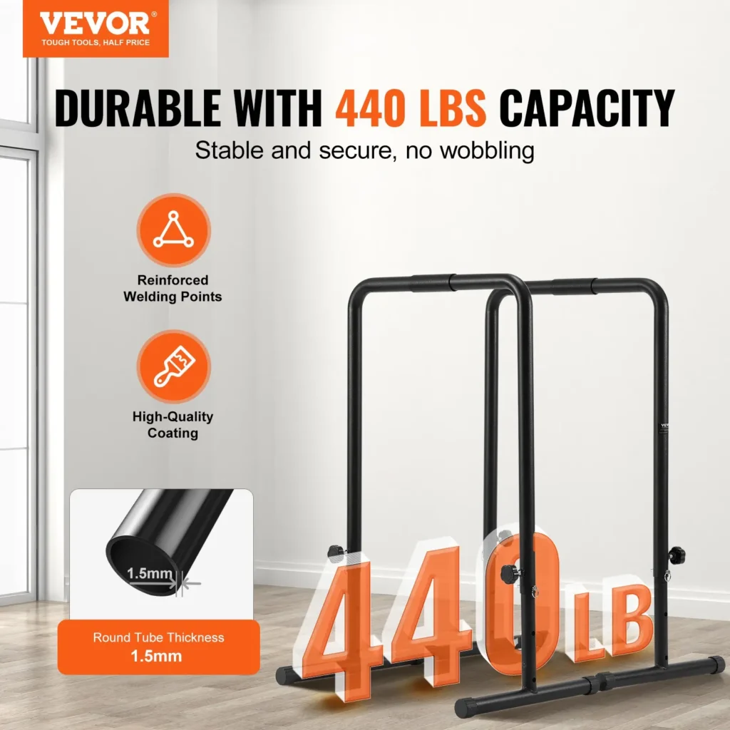 VEVOR Dip Bars, 440 lbs Capacity, Heave Duty Dip Stand Station with Adjustable Height, Fitness Workout Dip Bar