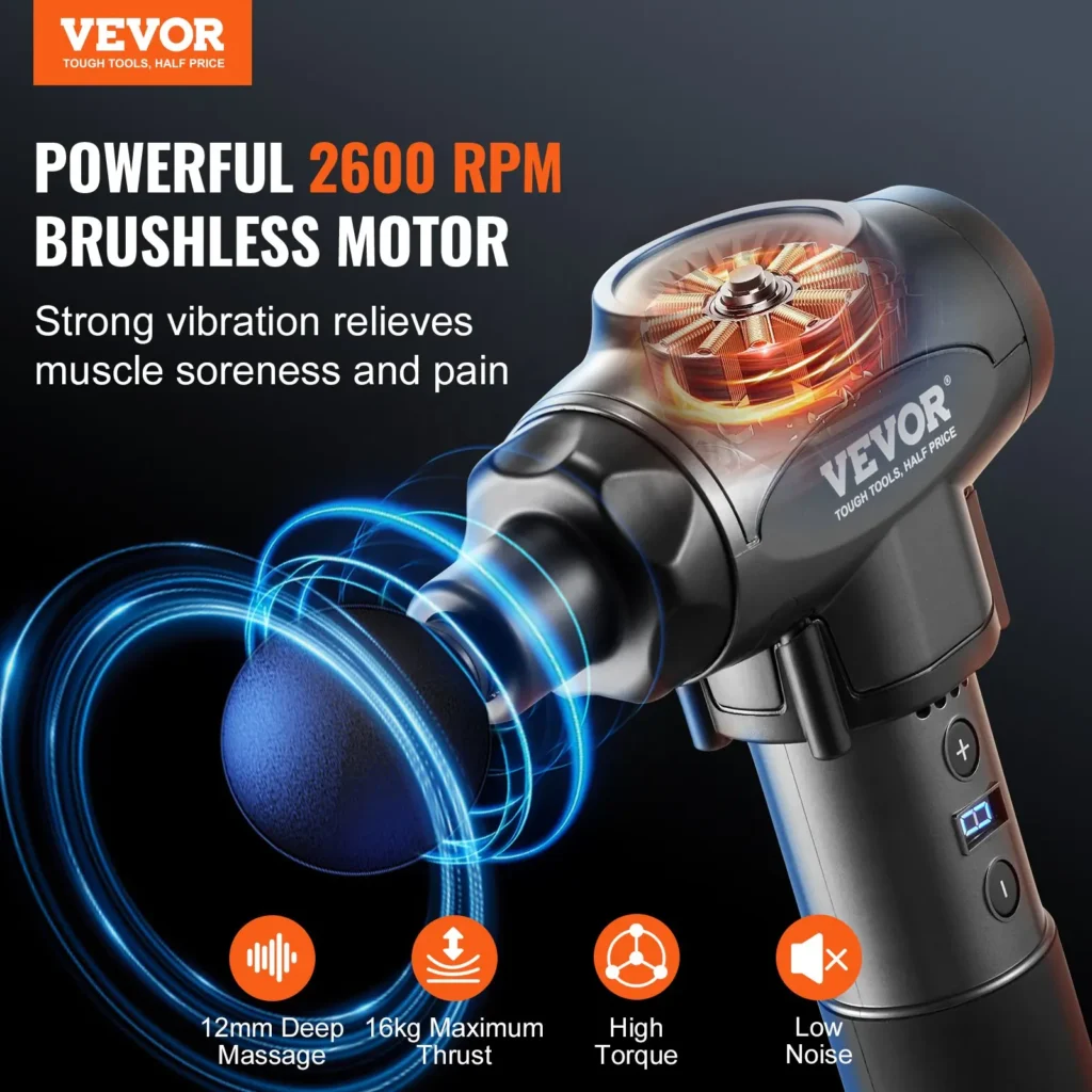 VEVOR Massage Gun Deep Tissue with 9 Speed Levels and 6 Massage Heads, 24V 2500mAh Batteries, Percussion Muscle