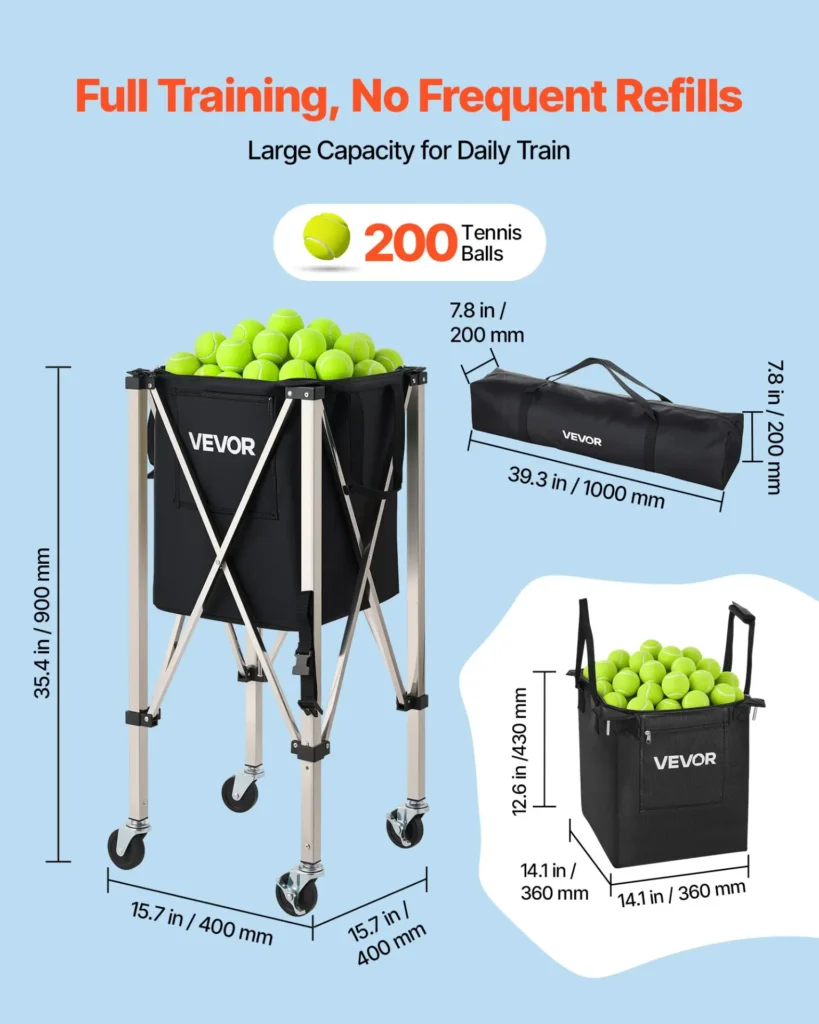 VEVOR Tennis Ball Hopper, Holds 200 Tennis Balls, Foldable Pickleball Basket Cart with Wheels for Easy Pick Up