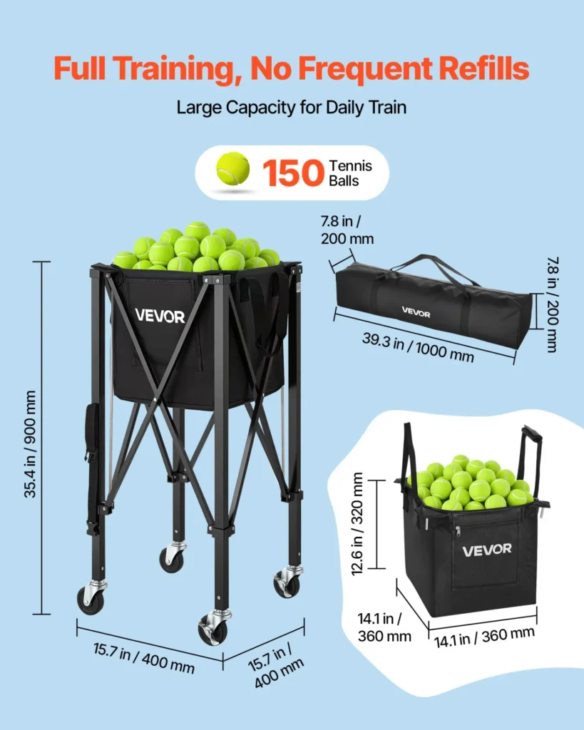 VEVOR Tennis Ball Hopper, Holds 150 Tennis Balls, Foldable Pickleball Basket Cart with Wheels for Easy Pick Up