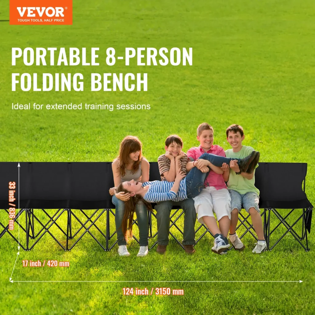 VEVOR Portable Folding Bench, 8 Seat Foldable Soccer Bench with Side Pockets and Carrying Bag, Lightweight