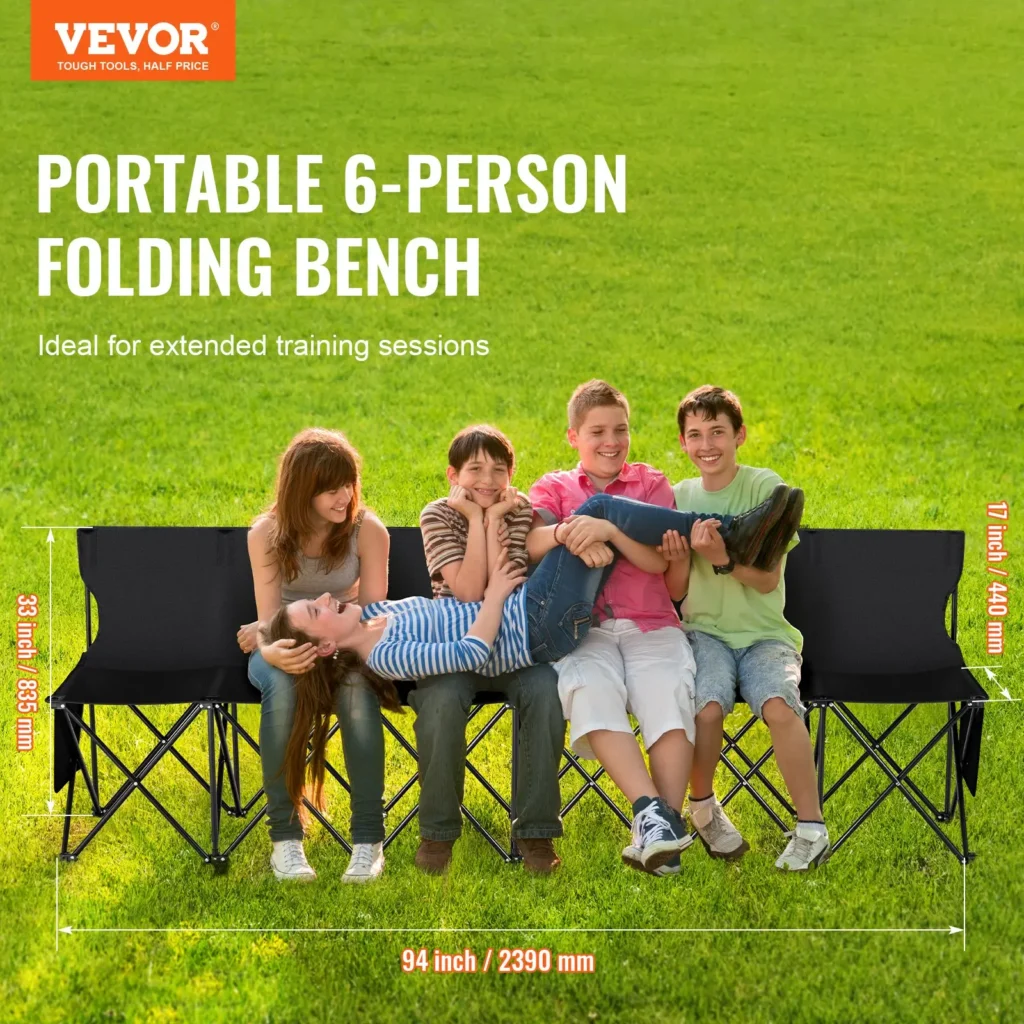 VEVOR Portable Folding Bench, 6 Seat Foldable Soccer Bench with Side Pockets and Carrying Bag, Lightweight
