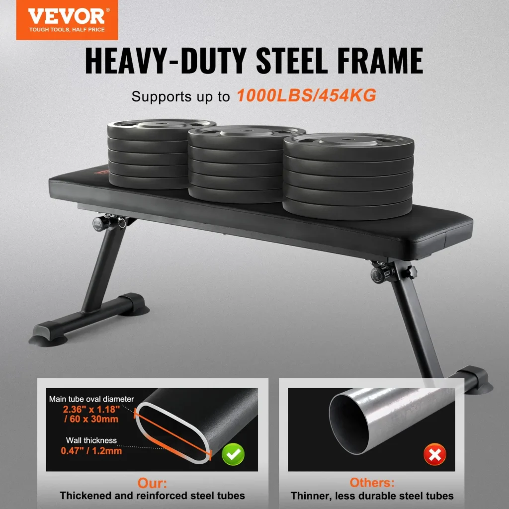 VEVOR Flat Weight Bench, Foldable Strength Training Bench, Utility Workout Bench for Full Body Workout, 1000 LBS