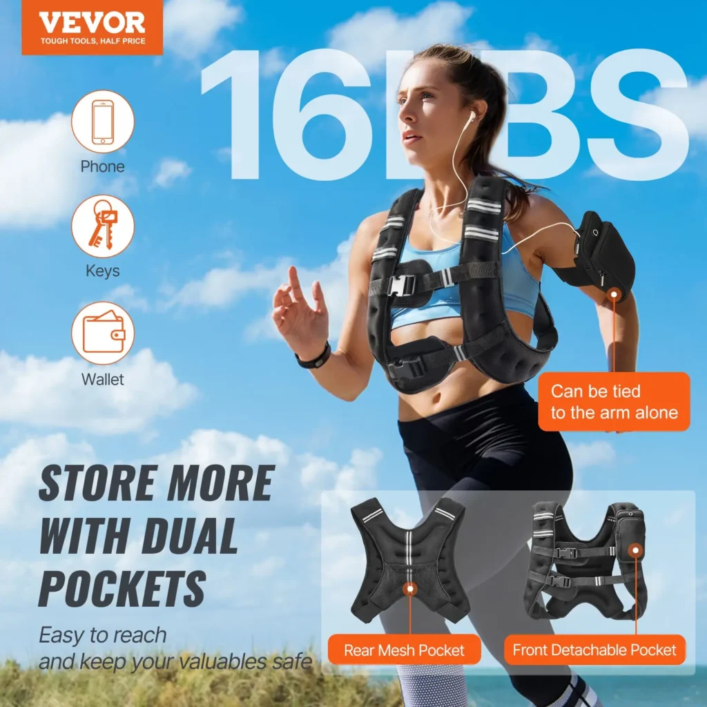 VEVOR Weighted Vest, 16 lbs Weight Vest with Reflective Stripe, Adjustable Buckle Body Weight Vest for Men Women