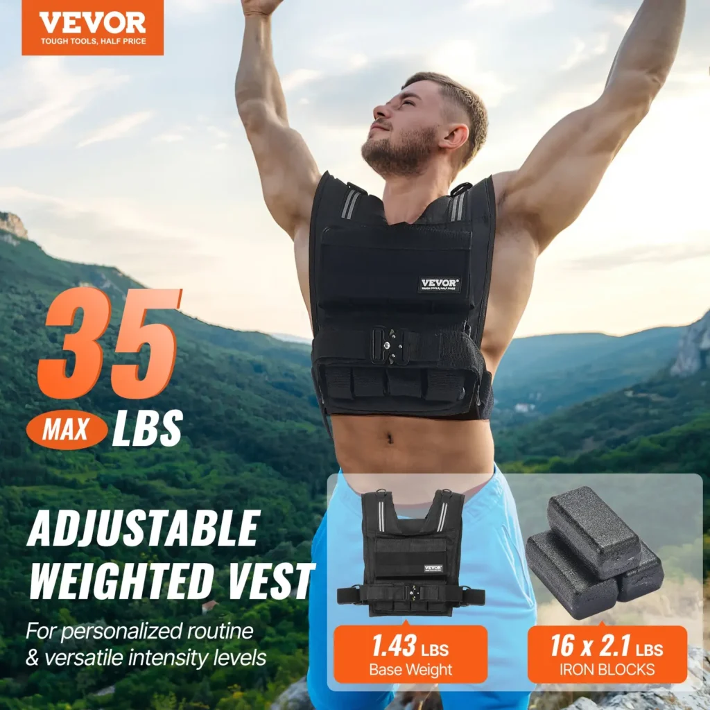 VEVOR Adjustable Weighted Vest, 35lb Weight Vest with Iron Weights, Shoulder Pad, and Reflective Stripe, Body