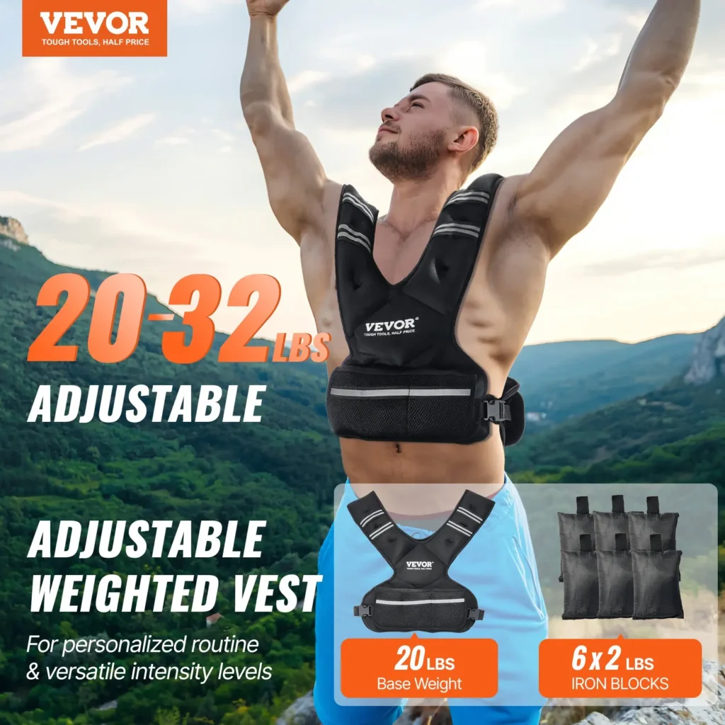 VEVOR Adjustable Weighted Vest, 20-32lb Weight Vest with 6 Ironsand Weights and Reflective Stripe, Body Weight