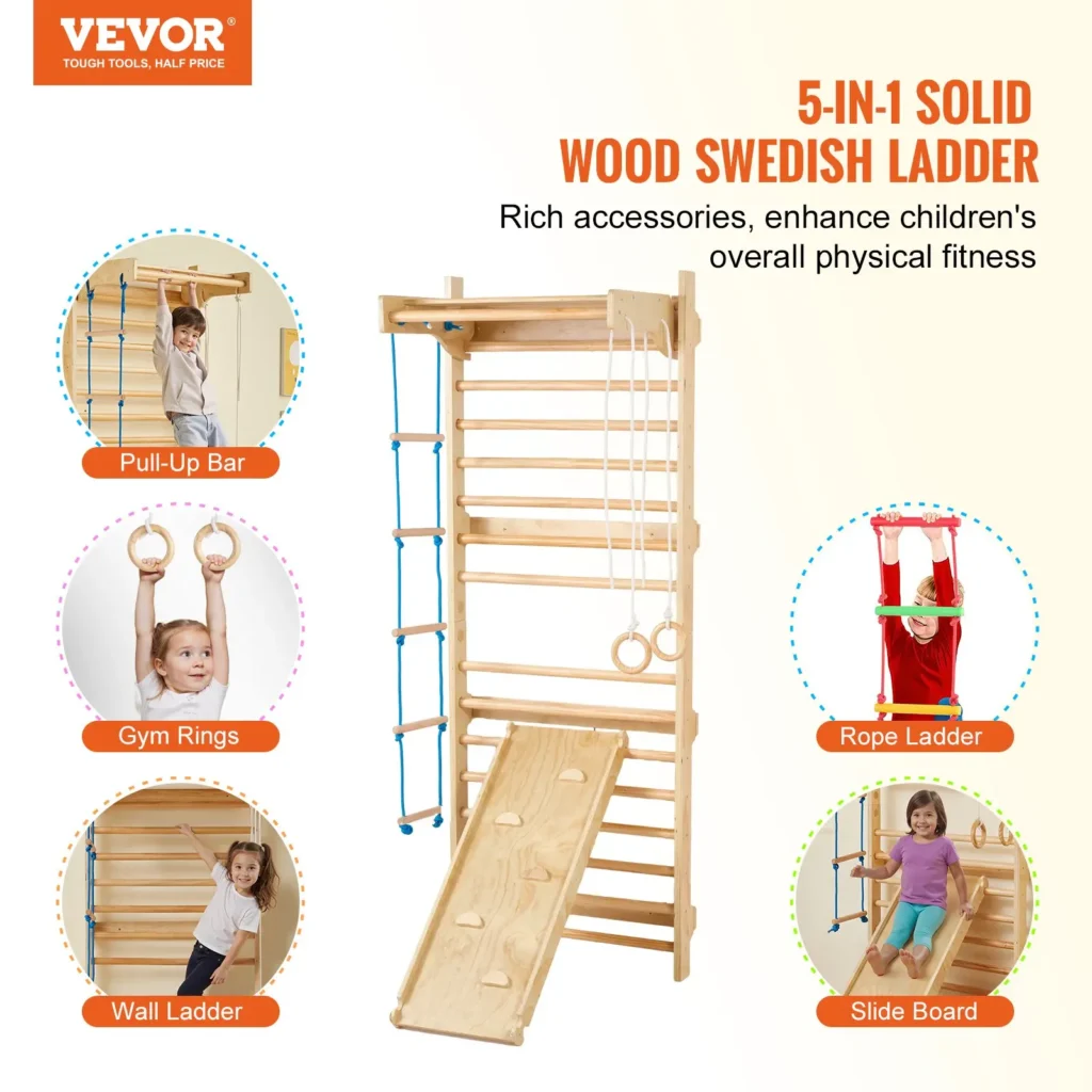 VEVOR Swedish Ladder Wall Gym, 5 in 1 Wooden Indoor Playground Climbing Toys, 220 lbs Load Capacity Swedish Wall