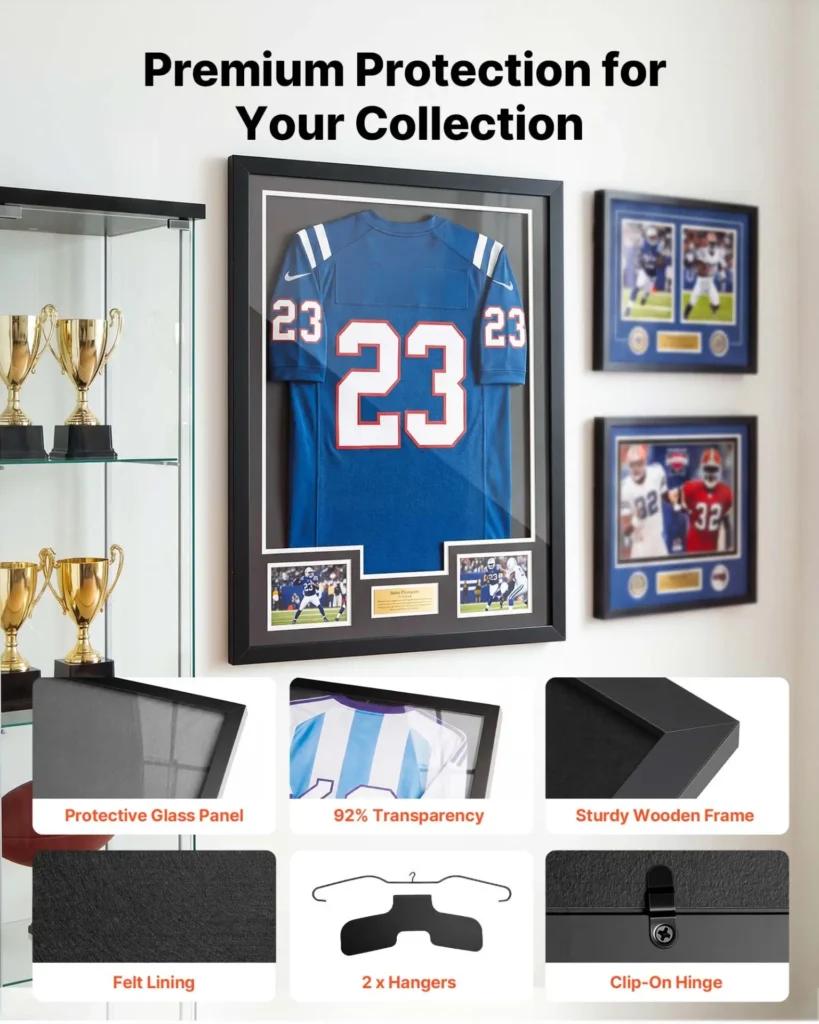 VEVOR Jersey Frame Display Case, 35.4 x 27.6 x 1.2 in, Wooden Sport Jersey Shadow Box with 98% UV Protection PC