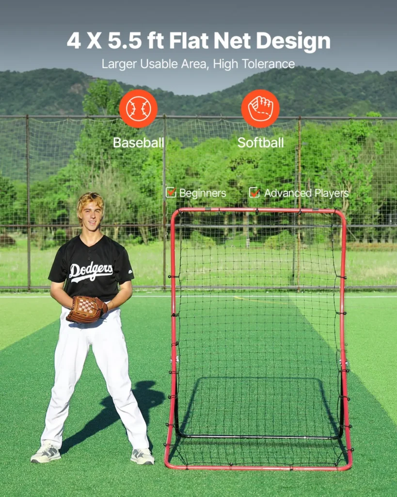 VEVOR Baseball Softball Rebounder Net 4 x 5.5 ft Pitch Back Trainer, 5 Adjustable Angles, Heavy-duty Steel Frame