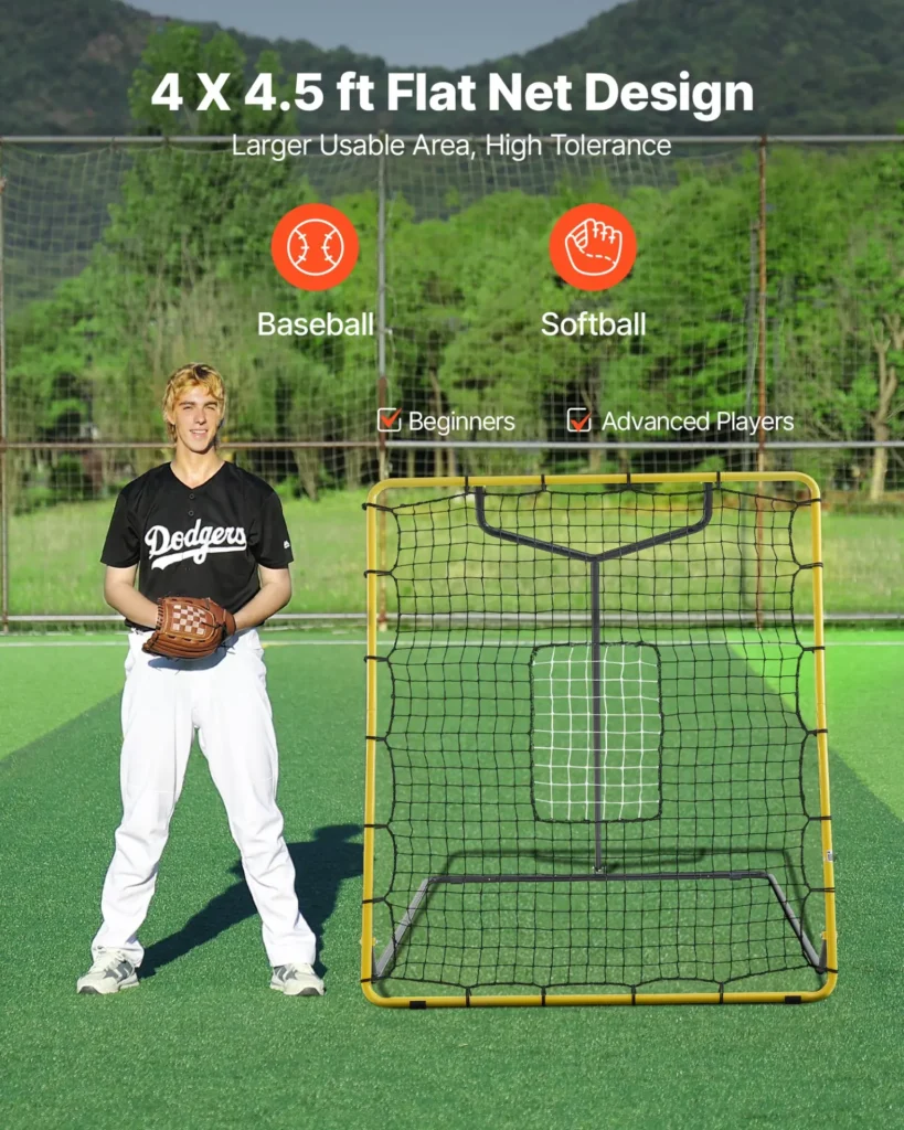 VEVOR Baseball Softball Rebounder Net 4 x 4.5 ft Pitch Back Trainer Target, 4 Adjustable Angles with Strike Zone