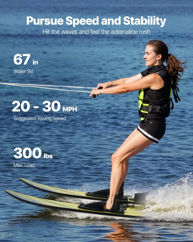 VEVOR 67'' Water Skis, Adult Water Ski with X-9 Adjustable Horseshoe Bindings, Padded Rear Toe Plate