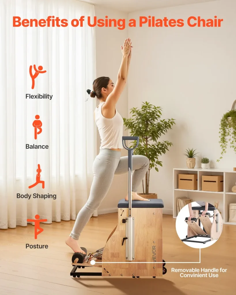 VEVOR Pilates Chair, Split-Pedal Stability Combo Chairs with Handles, Rubber Wood Frame Yoga Fitness Trainer