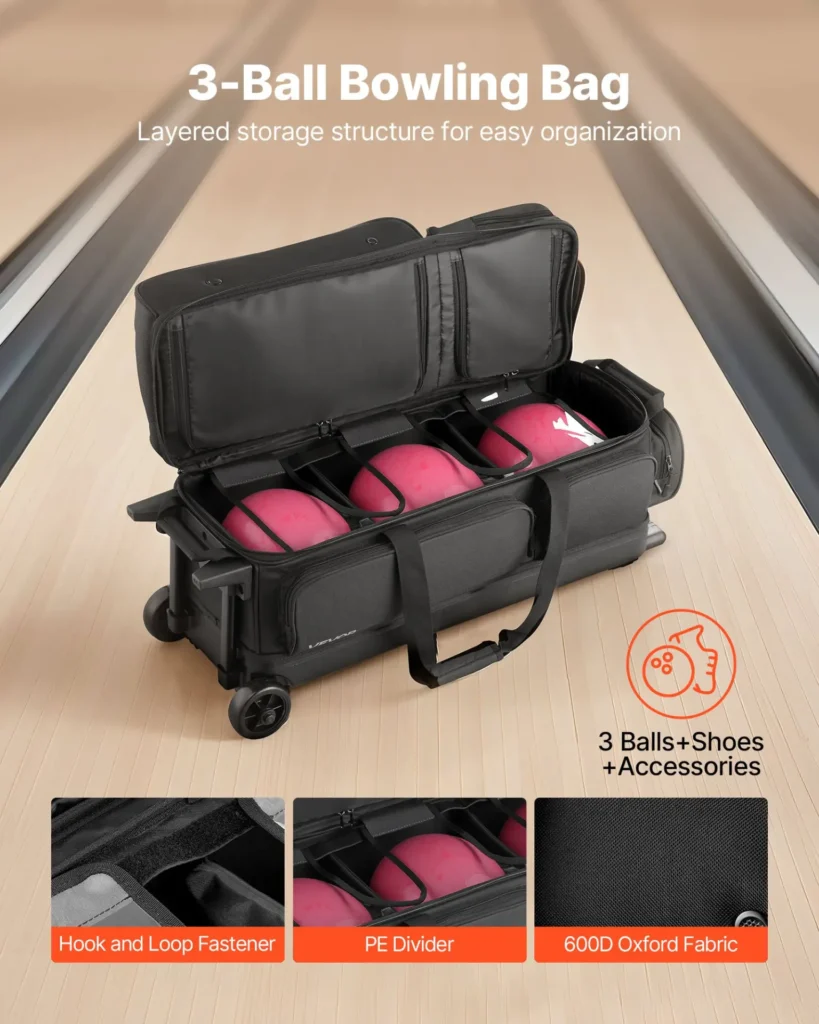 VEVOR Bowling Ball Bag, 3 Ball Double Roller Bowling Bag with Wheels, Featuring a Separate Compartment for Shoes