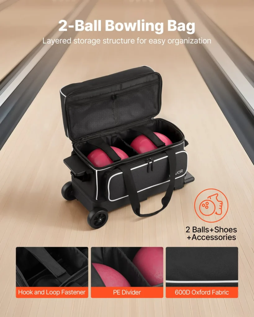 VEVOR Bowling Ball Bag, 2 Ball Double Roller Bowling Bag with Wheels, Featuring a Separate Compartment for Shoes