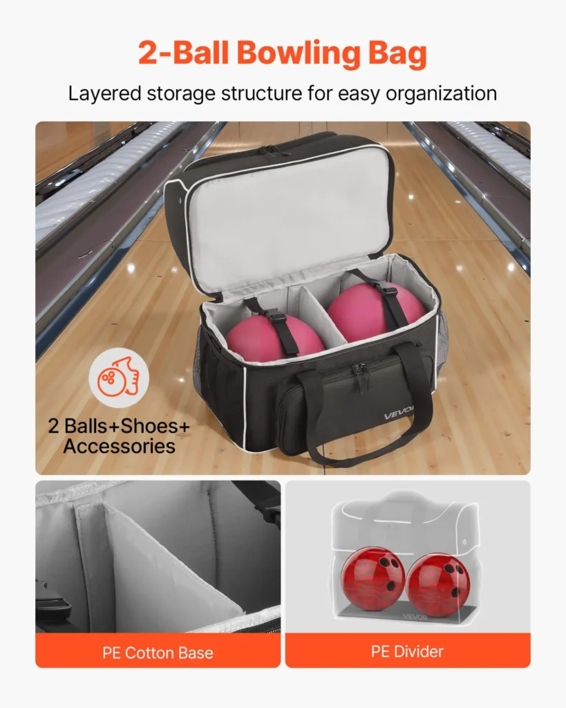 VEVOR Bowling Ball Bag, 2 Ball Four Roller Bowling Bag with Wheels, Featuring a Separate Compartment for Shoes (Up
