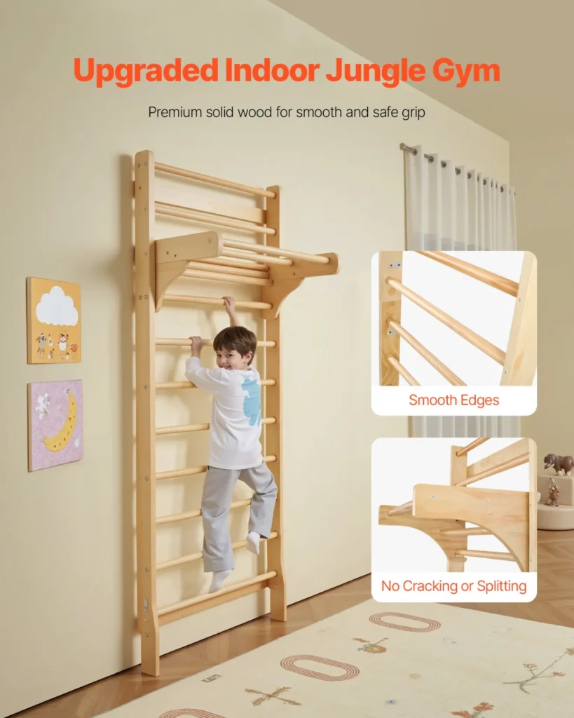 VEVOR Swedish Ladder Wall Gym, 10-Level Solid Wood Indoor Jungle Gym, 220lbs Loading Indoor Playground Climbing