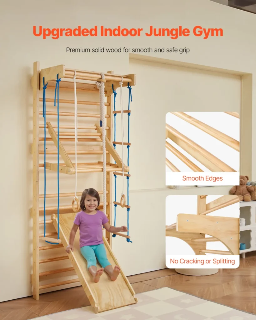 VEVOR Swedish Ladder Wall Gym, 8-in-1 15 Levels Solid Wood Wall Stall Bars, 220LBS Indoor Jungle Gym Climbing