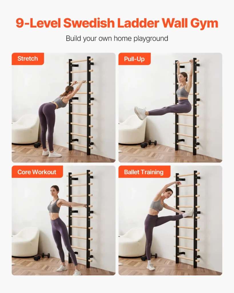 VEVOR Swedish Ladder Wall Gym, 9-Level Swedish Ladder Suspension Trainer, 330LBS Loading Solid Wood + Carbon Steel