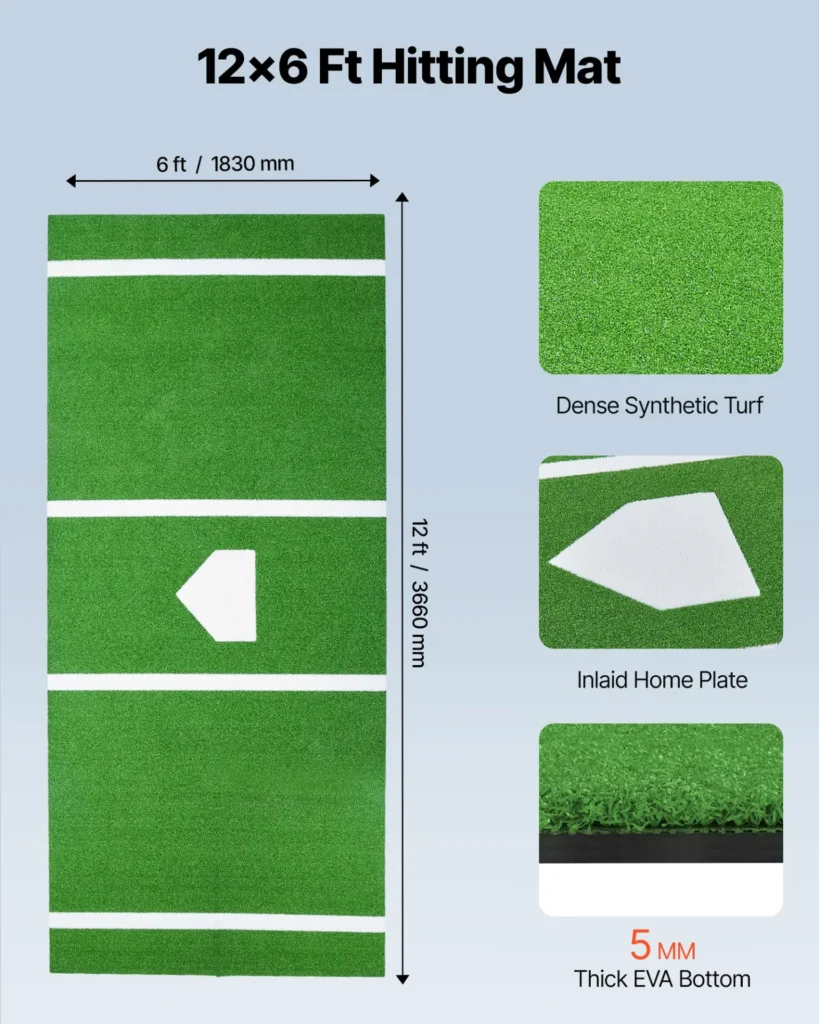 VEVOR Baseball Hitting Mat, 12x6 ft Batting Cage Mat, Batters Box Turf Mats, Softball Batting Practice