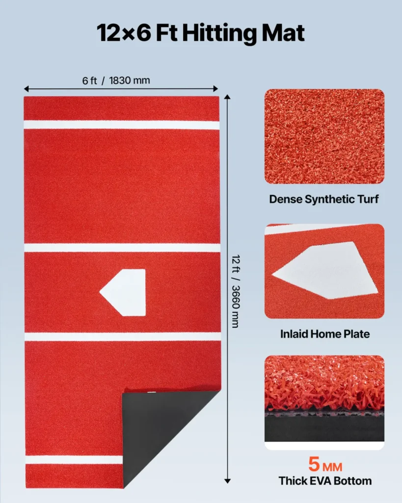 VEVOR Baseball Hitting Mat, 12x6 ft Batting Cage Mat, Batters Box Turf Mats, Softball Batting Practice