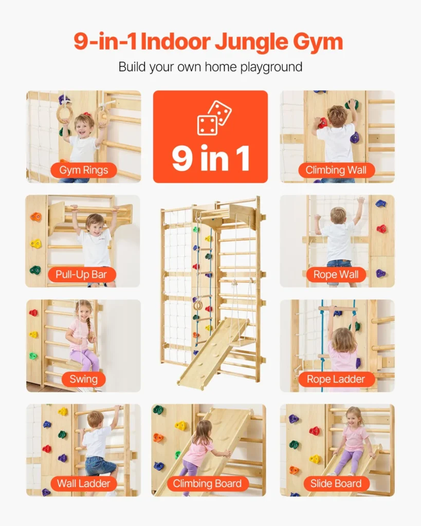 VEVOR Swedish Ladder Wall Gym, 9-in-1 12-Level Solid Wood Gymnastic Stall Bars for Kids Adults, 220LBS Indoor