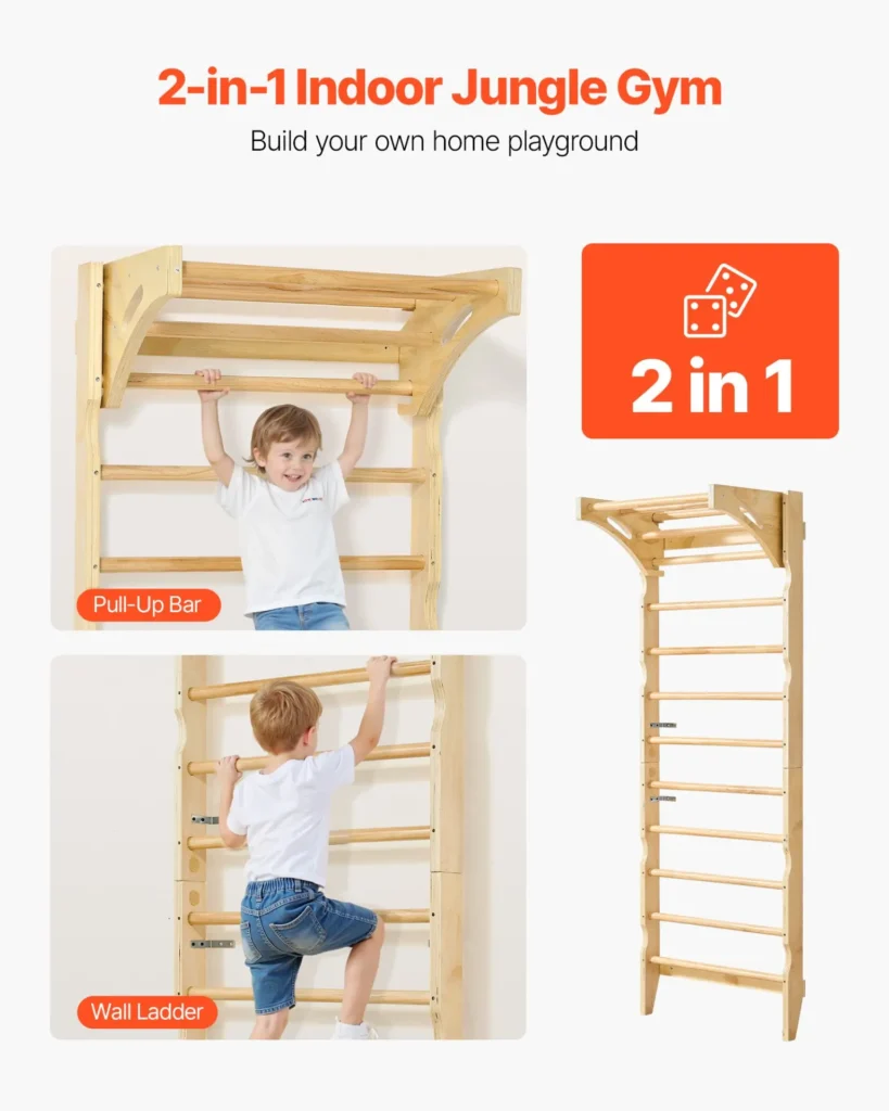 VEVOR Swedish Ladder Wall Gym, 2-in-1 10-Level Indoor Jungle Gym, 220LBS Loading Solid Wood Gymnastic Stall Bars