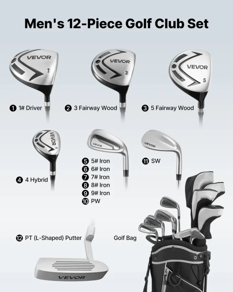 VEVOR Golf Club Set, 12 Pieces Men's Complete Golf Club Set Right Handed with 460CC #1 Driver, #3 and 5