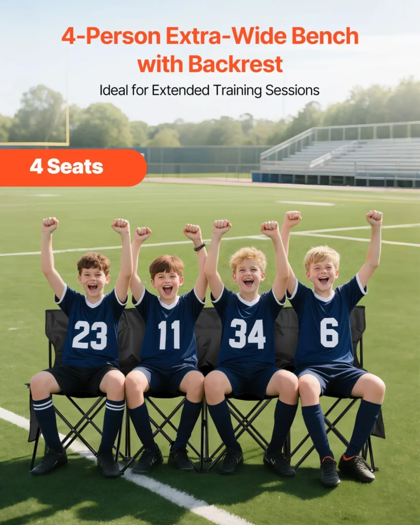 VEVOR Portable Folding Bench, 4 Seat Foldable Soccer Bench with Side Pockets and Carrying Bag, Lightweight