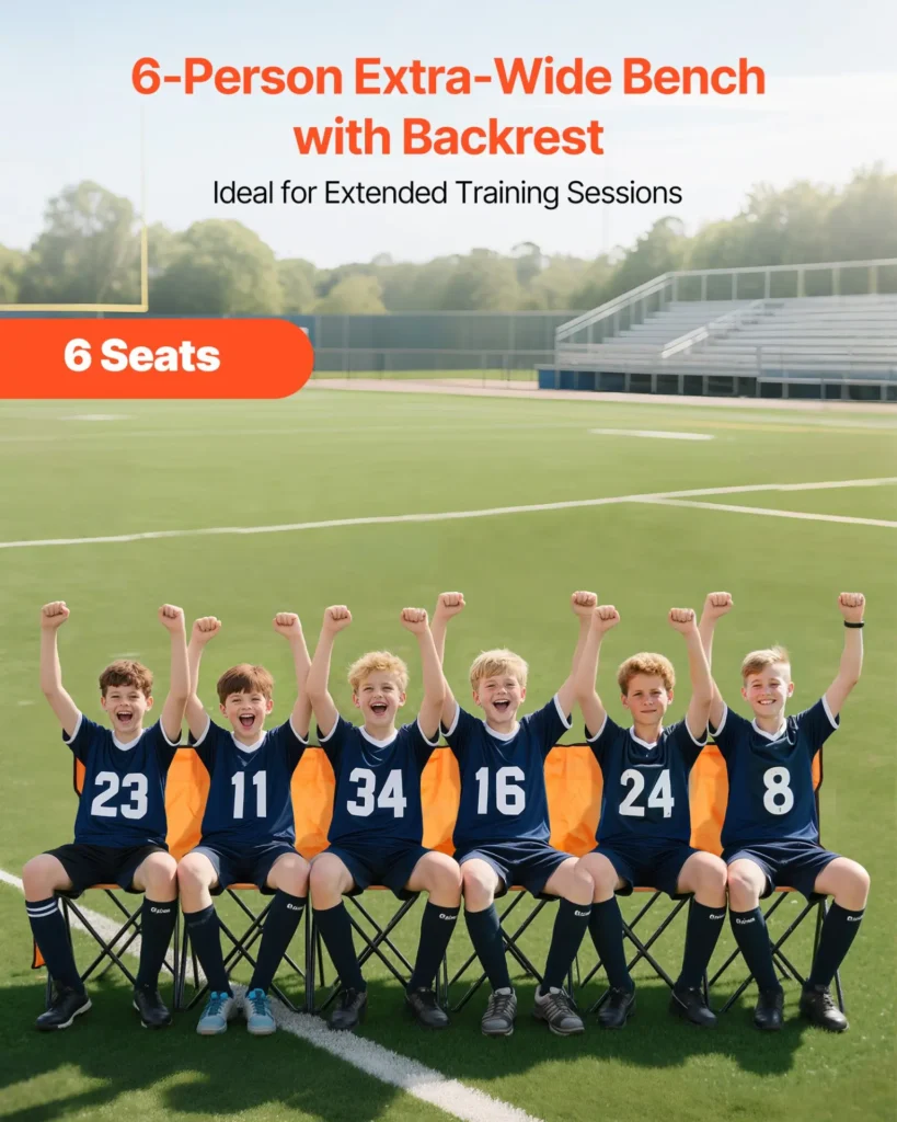 VEVOR Portable Folding Bench, 6 Seat Foldable Soccer Bench with Side Pockets and Carrying Bag, Lightweight