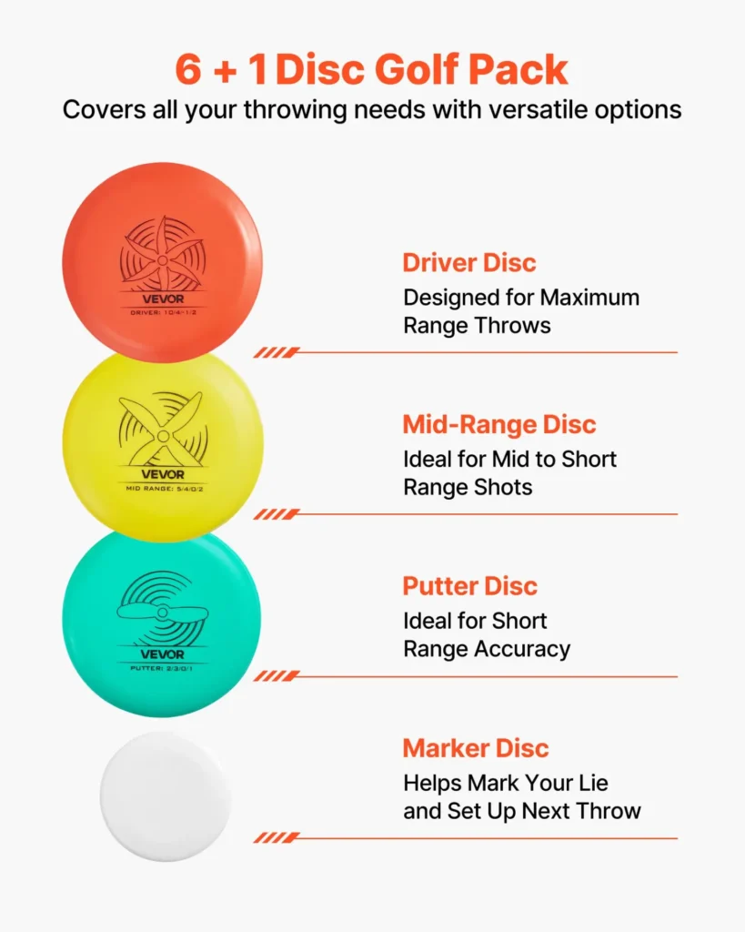 VEVOR Disc Golf Set, 6 PCS Flying Discs for Beginners, Disc Golf Starter Set, with Putter, Mid-Range, Driver