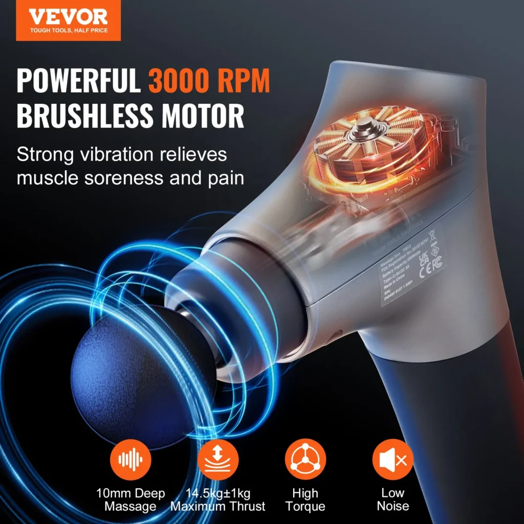 VEVOR Massage Gun Deep Tissue, Percussion Muscle Massage Gun for Athletes - with 6 Speed Levels & 4 Massage Heads, 12V 2500mAh Batteries, Handheld Mini Massage Gun for Pain Relief, Muscle Relaxation